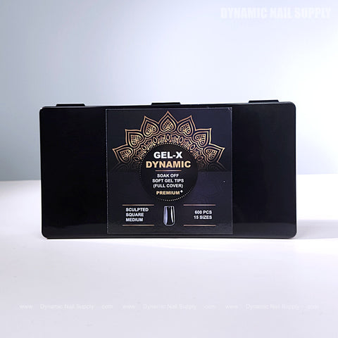A black box of Sculpted Square (Medium) Full Cover Soft-Gel Nail Tips contains 600 tips on a white surface.