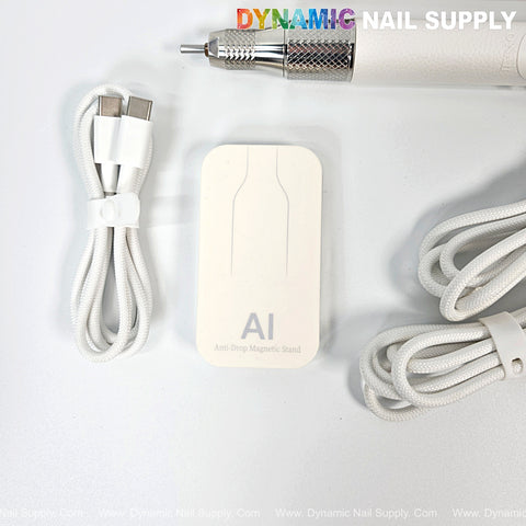 ONAIL 50,000 RPM AI Nail Drill Set: Ultra-quiet tool, 2 white USB cables, and white AI magnetic anti-drop stand.