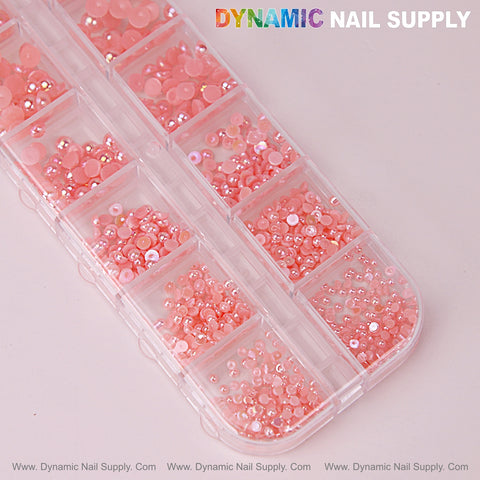 12 grid Pink Pearl Beads Nail Charms: mixed size round flatbacks for DIY nail art and design projects.