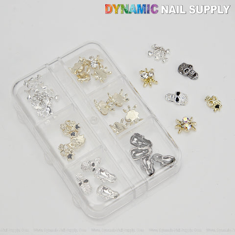 6-grid Rhinestone Spiders and Skull Charms Silver Metallic Gold - Halloween Charms Decoration DIY Nail Art Design