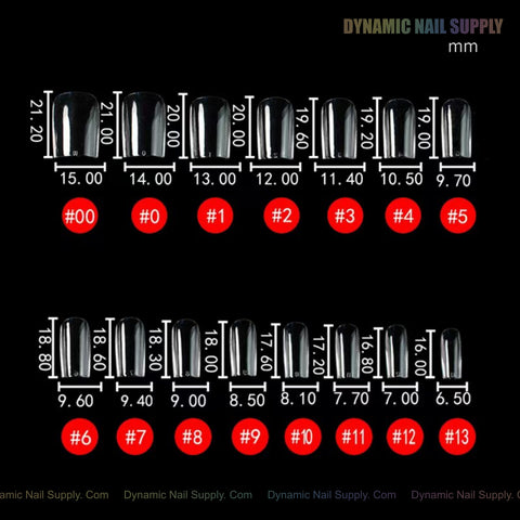 A chart of 14 Natural Square (Short) Full Cover Soft-Gel Nail Tips, each labeled by size, width, and length in mm.