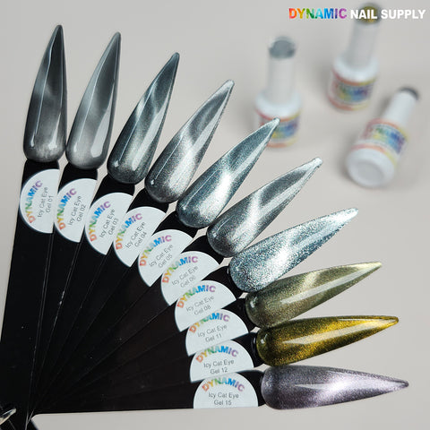 Icy Cat Eye Gel #08: Reflective magnetic silver shimmer polish shown in a fan display with bottles in the background.