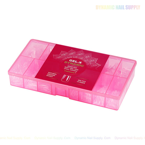 The pink Natural Square (Short) box holds 600 full cover soft-gel tips in 12 sizes for nails.
