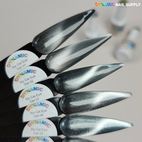 Five nail swatches show Icy Cat Eye Gel #01–05, reflective magnetic gel polishes by Dynamic Nail Supply.