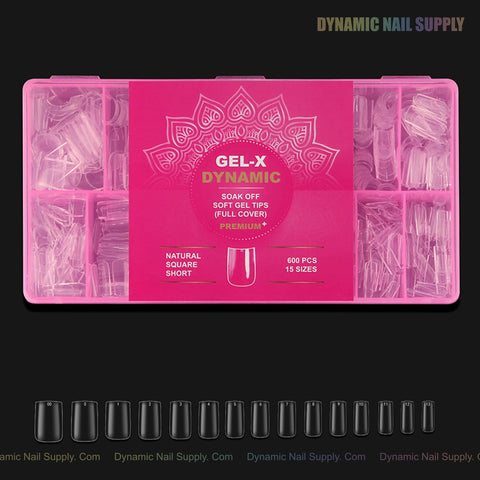 A pink box of Natural Square (Short) Full Cover Soft-Gel Nail Tips—600 tips in 15 sizes, samples shown below.