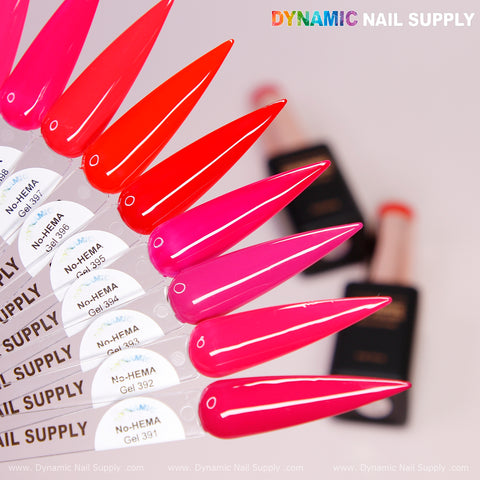 Close-up of Dynamic No-HEMA Gel Polish (Pretty Red Collection, 391-400) color samples with allergy-safe bottles.