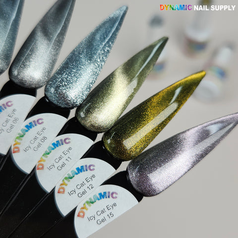 Five Icy Cat Eye Gel #11 Reflective Magnetic Silver Shimmery Gel Polish samples from Dynamic Nail Supply in focus.
