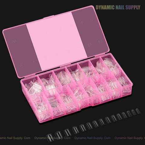 Natural Square (Short) Soft-Gel Nail Tips in a pink box; black Gel-X tips are lined up below.
