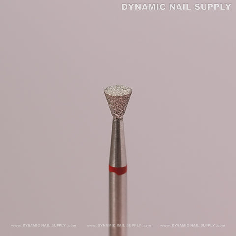 Inverted Corn Diamond Fine Cuticle Bit for dead skin, nails prep, and cleaning, featured on a pink background.