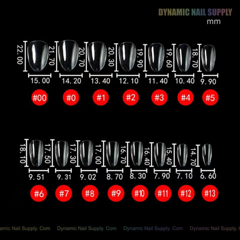 Chart of 14 Natural Almond (Short) Soft-Gel Nail Tips, sizes 0-13, labeled with width and length in mm.