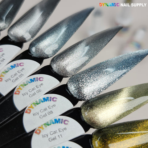 Five black swatches show Icy Cat Eye Gel #03, a reflective, magnetic, shimmery silver gel polish.