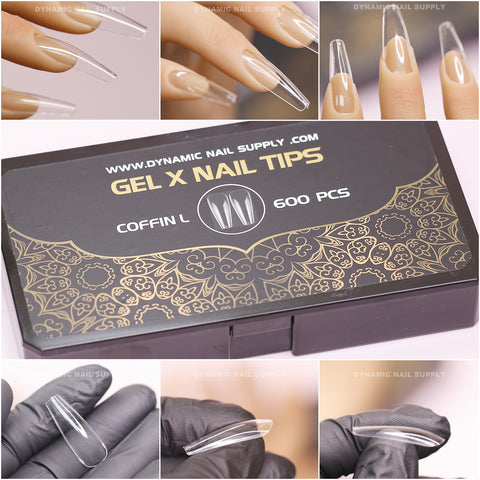 A collage image features clear, coffin-shaped full-cover tips from different angles, including close-ups of the tips held by gloved fingers. The central image showcases a box adorned with gold decorative patterns labeled as Dynamic Nail Supply's [Coffin L] Full Cover Tips - Soft Gel X tips - 600 pcs.