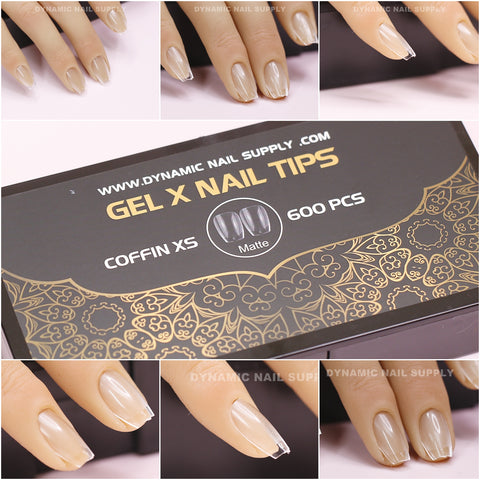 A collage of images presents clear, coffin-shaped gel nail tips. The top row displays hands from different perspectives featuring the elegant coffin shape full nail tips. The middle image spotlights a box labeled with "Dynamic Nail Supply [Coffin XS] Full Cover Tips - Soft Gel X tips - 600 pcs - Extra Short 11 sizes." Close-up views of nails are featured in the bottom row.