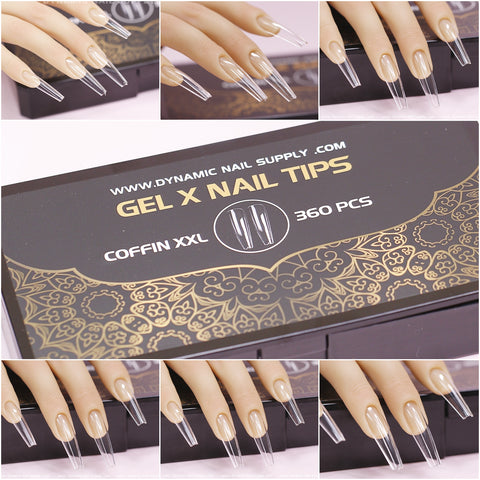 A collage features coffin-shaped XXL soft gel nail tips by Dynamic Nail Supply. The top and bottom images present manicured hands with elongated, transparent gel extensions. The central image highlights the packaging box adorned with gold intricate designs, labeled "[Coffin XXL] Full Cover Tips - Soft Gel X tips - 360 pcs" from Dynamic Nail Supply.