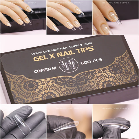 [Coffin M] Full Cover Tips - Soft Gel X, 600 pcs box, shown on hands and gloved fingers with clear tips.