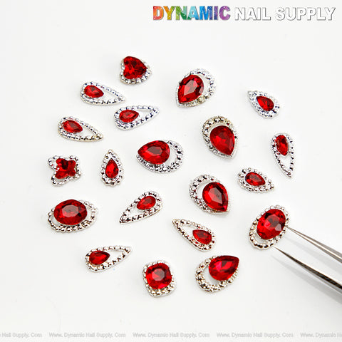 20pcs Luxury Mixed Shape Silver Ruby Red Nail Rhinestone Charm Set Box - Nail Art DIY Design