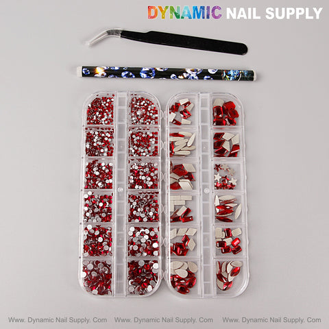 [Red] Multi Shape Size Nail Crystal Gem Rhinestone Set with kit on a gray background.