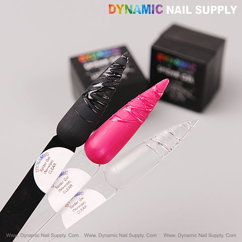 Three nail swatches show designs with No-wipe Ready for Chrome Spider Gel beside black gel containers.