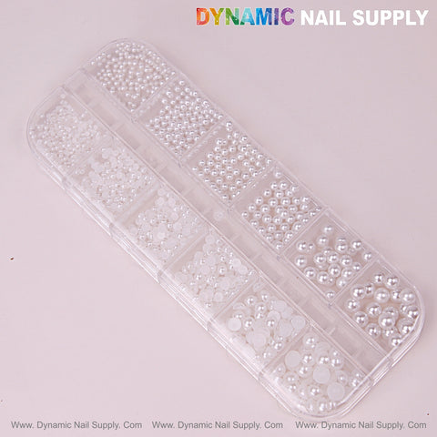 12 grid case with mixed size white pearl round flatback nail charms for DIY designs.