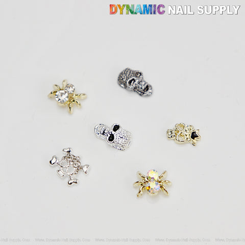6-grid Rhinestone Spiders and Skull Charms Silver Metallic Gold - Halloween Charms Decoration DIY Nail Art Design