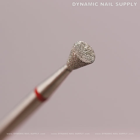 Close-up of Inverted Corn Diamond Fine Cuticle Bit for dead skin, nails prep, and cleaning under, by Dynamic Nail Supply.
