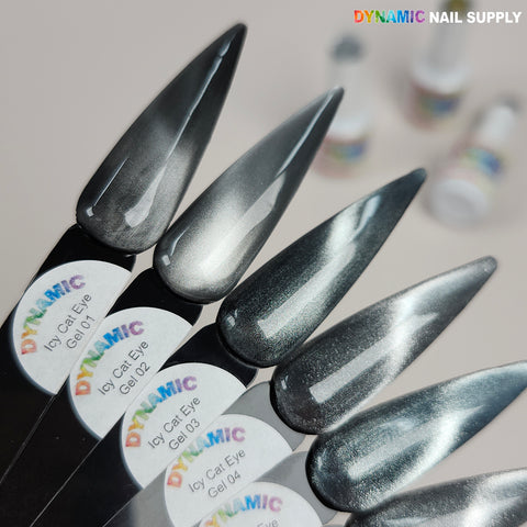 Five nail swatches show Icy Cat Eye Gel #04 Reflective Magnetic Silver, labeled 01-04, with blurred bottles behind.