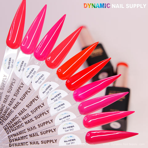 Ten labeled Dynamic No-HEMA Gel Polish swatches (391–400, Pretty Red Collection) in pink, red & orange fanned out.