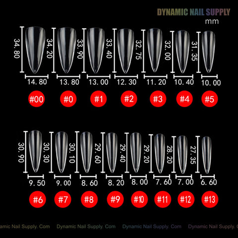 Chart of 14 Natural Stiletto (Long) Soft-Gel Tips, each labeled by size, length, width (mm), and red number 00–13.