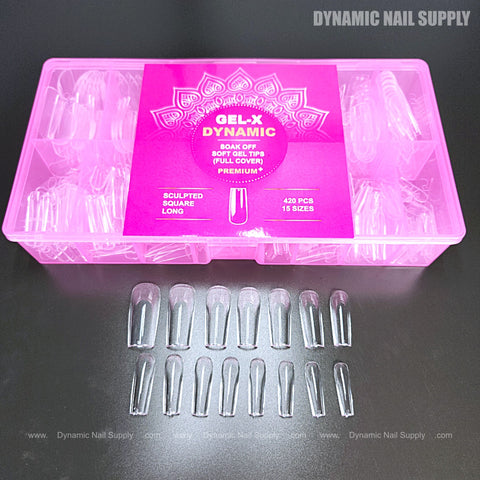 A pink box labeled “Sculpted Square (Long) Full Cover Soft-Gel Nail Tips” with 15 sizes displayed in front.