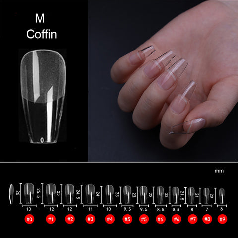 Hand with [Coffin M] Full Cover Tips - Soft Gel X, 600 pcs; see box below for nail tip sizes and shapes.