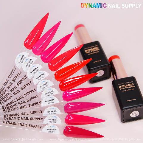 Eight pink and red nail swatches fan out near two Dynamic No-HEMA Gel Polish bottles, Pretty Red Collection (391–400).