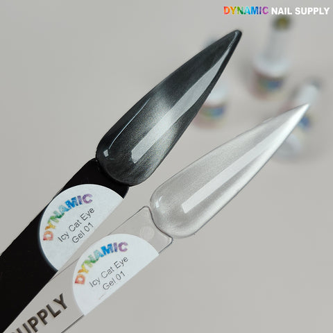 Two swatches show shiny cat eye effect with Icy Cat Eye Gel #01—one dark gray, one light reflective silver.