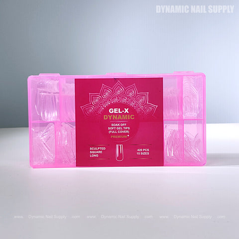 Sculpted Square (Long) Full Cover Soft-Gel Nail Tips, 420 pcs, 15 sizes in a pink box.