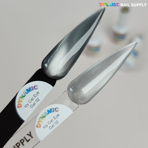 Two swatches of Icy Cat Eye Gel #02 - Reflective Magnetic Silver Shimmery Gel Polish on black and clear sticks.