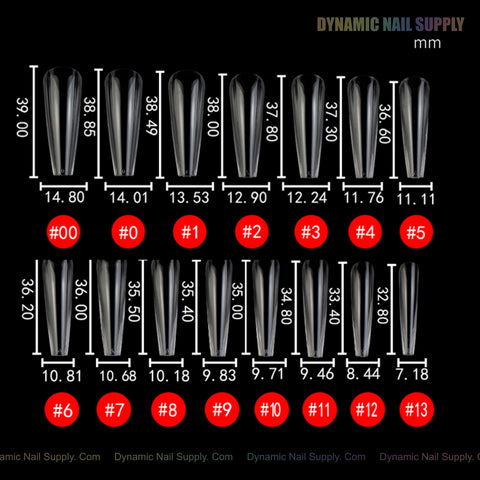 14 Sculpted Coffin (XL) Full Cover Soft-Gel Nail Tips (#00–#13) labeled with mm for flawless Gel X Nails.