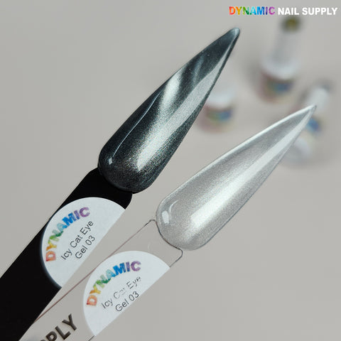Two nail swatches display Icy Cat Eye Gel #03—Reflective Magnetic Silver Shimmery Gel Polish.