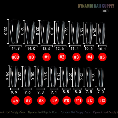 Fourteen Sculpted Coffin (Long) Soft-Gel Nail Tips (sizes 0-13) with width and length in mm above each tip.