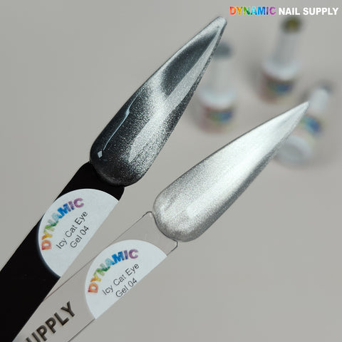 Two nail sample sticks feature Icy Cat Eye Gel #04, a reflective magnetic silver shimmery gel polish; bottles blurred behind.