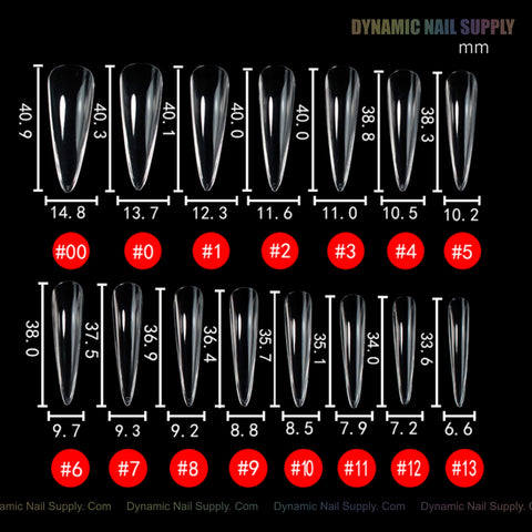 Fifteen Sculpted Stiletto XL Full Cover Soft-Gel Nail Tips (Black Box), numbered in mm, on a black background.