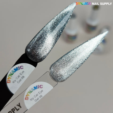 Two swatches labeled Icy Cat Eye Gel #08 showcase sparkling silver Reflective Magnetic Shimmery Gel; bottles blurred.