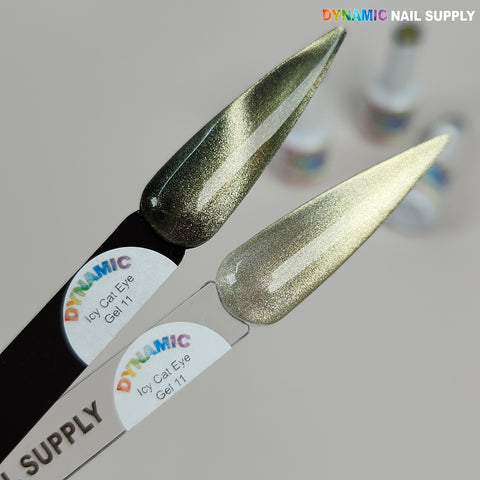 Two nail swatches show Icy Cat Eye Gel #11, a reflective magnetic silver shimmery gel polish from Dynamic Nail Supply.