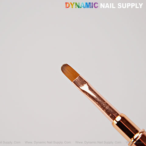 A close-up of Rose Gold Builder Poly Hard Gel Dual Head Nail Art Brush; Dynamic Nail Supply in rainbow text above.
