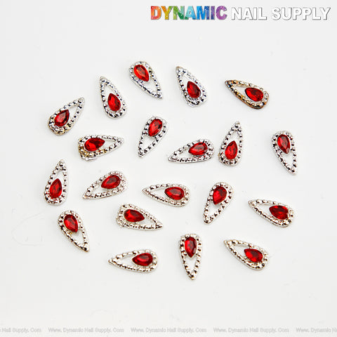 20pcs Luxury Silver Small Raindrop Shape Ruby Red Nail Rhinestone Charm Set Box - Nail Art DIY Design