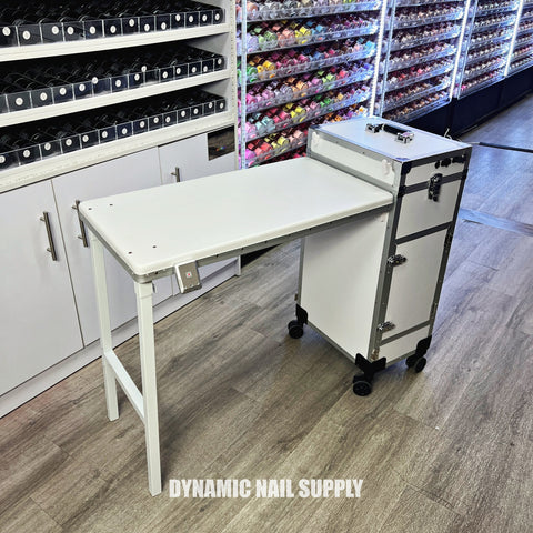 (White) Portable & Foldable Rolling Manicure Nail Table - Travel Makeup Desk & Train Case