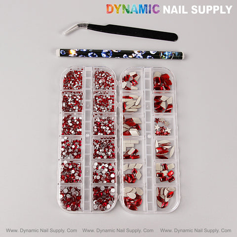 [Red] Multi Shape Size Nail Crystal Gem Rhinestone Set—flat back, with tweezers and pencil, on white background.
