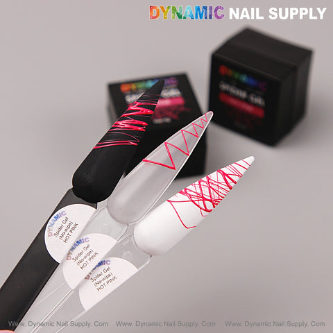 Three nail swatches show red and white No-wipe Ready for Chrome Spider Gel designs on black, clear, and white nails.