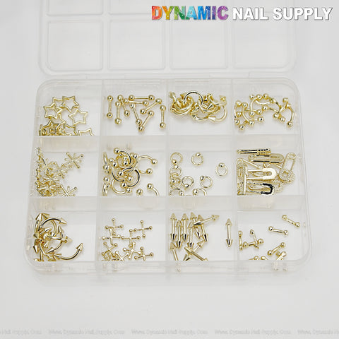 12-grid Gold Piercing Goth Nail Art Studs, 3D Gold & Silver Alloy Gothic Y2K Punk Charms Decoration