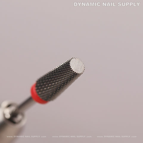 5-in-1 Fine Silver Tapered Flat-Top Carbide Nail Drill Bit seals cuticles, smooths acrylic; red band, textured tip shown.