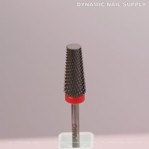 5-in-1 Fine Silver Flat-Top Nail Drill Bit with red band on white base, pink backdrop; textured and tapered.
