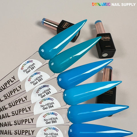 Five Dynamic No-HEMA Gel Polish swatches, shades 591-600; blue tones, text label in top right corner.